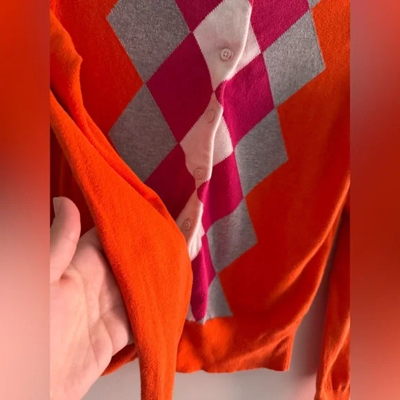 Tommy Hilfiger Argyle Cotton Cashmere Cardigan Small Orange Pink Preppy - Picture 3 of 6